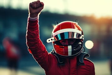 Victorious racer raising fist in triumph