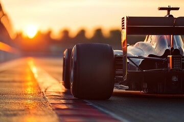 Racing car speeding on track at sunset