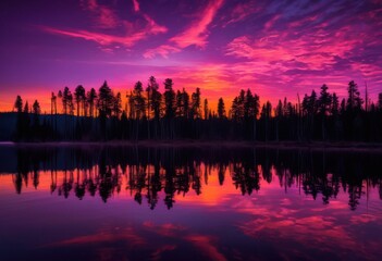 silhouette trees defined colorful dusk sky gradient hues purple reflecting mysterious evening, vibrant, pink, orange, nature, contrast, branches, foliage