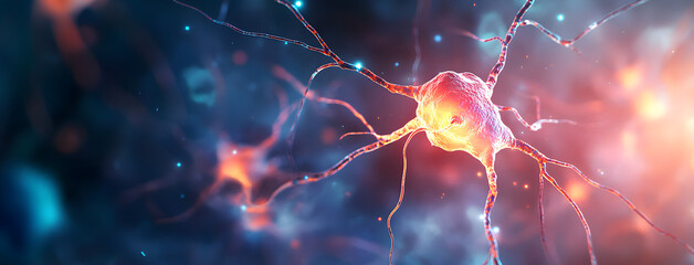 Neurons and nervous system. Nerve cells background with copy space (3d microbiology render banner)