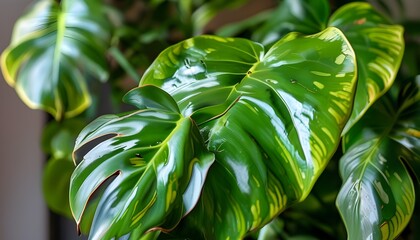 Wall Mural - Vibrant closeup of textured Monstera leaves showcasing rich green hues and natural sheen