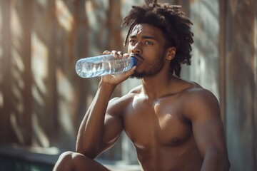 Young man resting after workout while drinking water in a natural setting during the afternoon light