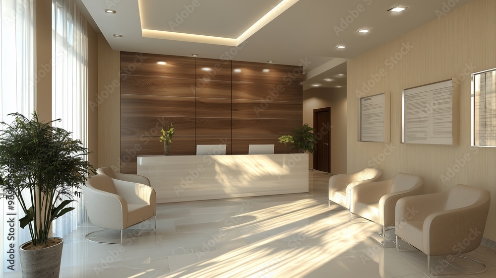 Modern reception area with minimalist design and natural light in a ...