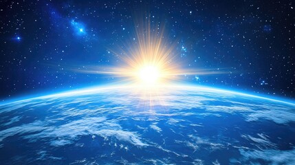 Vibrant blue sunrise with a perspective of the Earth from outer space