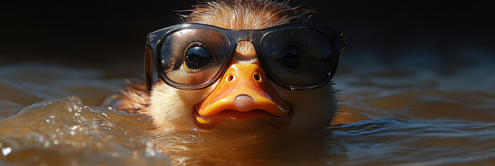 Canvas Print - Cool duckling wearing sunglasses in water