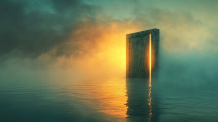 An enigmatic door stands ajar casting a warm light over calm waters enshrouded in gentle mist and peacefulness at sunrise