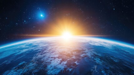 Vibrant blue sunrise with a perspective of the Earth from outer space