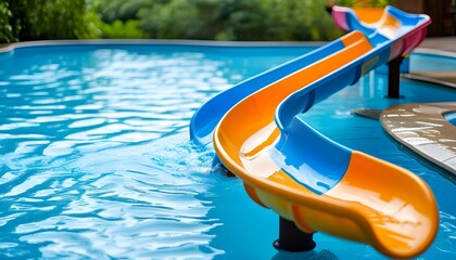 Vibrant outdoor swimming pool featuring blue water and colorful slides in a playful summer setting