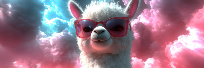 Canvas Print - Cool llama wearing sunglasses against a pink and blue cloudy sky.