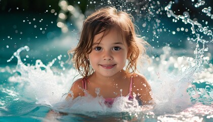 Joyful portrait of a charming little girl splashing in a vibrant aquapark swimming pool