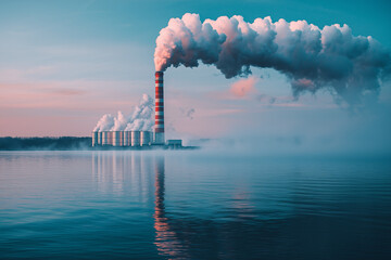 Industrial Plant with Smoke Stack and Water Reflection