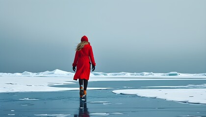 Elegant figure in a red dress strolling along a frozen coastline, minimalistic aesthetic emphasizing serene solitude and icy beauty