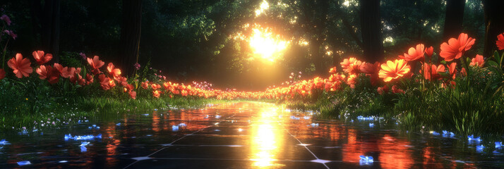 Wall Mural - A magical forest path lined with bright red flowers and glistening water.