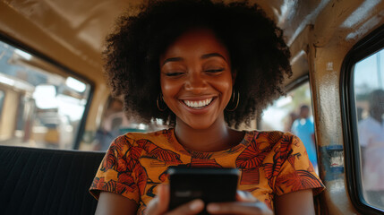 joy gleams as a woman in vibrant attire smiles while engaging with her smartphone inside a cozy, sun