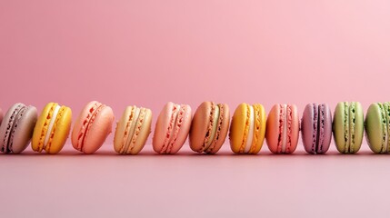 Canvas Print - Colorful macarons arranged in a row on a tabletop creating an appealing food backdrop perfect for a banner design