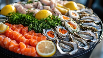 Poster - Fresh salmon sashimi and oysters lying on ice with lemon and parsley garnish