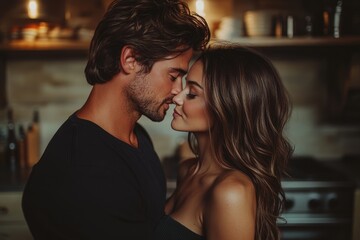 young couple is about to kiss while standing in their kitchen