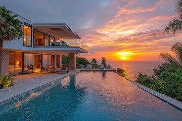 Poster - Modern luxury villa overlooking ocean at sunrise with infinity pool