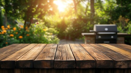 Poster - Empty wooden tabletop with blurred barbecue grill and garden background