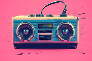 Vintage boombox playing music on pink background