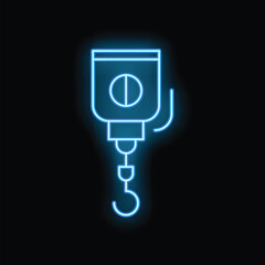 Poster - Blue neon icon of a crane hook lifting, glowing on a black background
