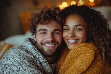 Happy couple smiling and relaxing together at home