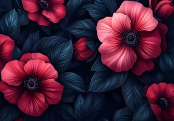 Wall Mural - Dark Floral Background with Red Flowers and Blue Leaves