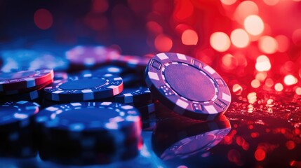 Detailed Poker Chips in Dark Casino Setting – Vibrant Colors, Bokeh, and Shiny Highlights