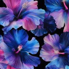 Poster - Close up of blue and pink hibiscus flowers on black background