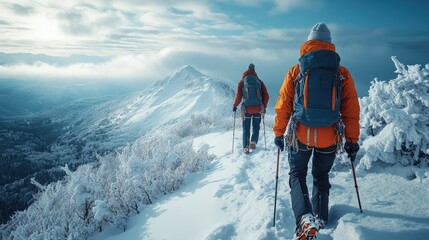 Wall Mural - Two mountaineers hiking up snowy mountain ridge during winter