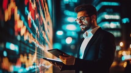 Poster - a businessman analyzes stock market trends using a tablet in a cityscape at night surrounded by glow