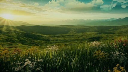 valley of grass and flowers at sunset - loop - abstract fantasy nature landscape