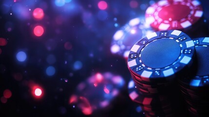 Detailed Poker Chips in Dark Casino Setting – Vibrant Colors, Bokeh, and Shiny Highlights