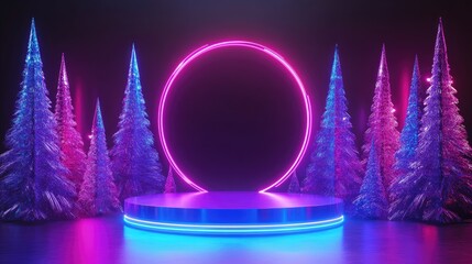 Poster - Neon holographic 3D stage with crystal glass Christmas trees and an empty circular podium for cosmetics mockup Abstract surreal dreamy showcase with ample copy space front view