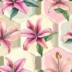 Wall Mural - Pink Lily Flowers Seamless Pattern