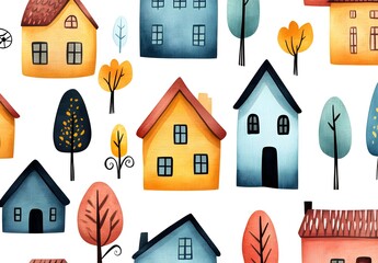 Wall Mural - Colorful Houses and Trees Watercolor Seamless Pattern