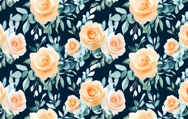 Poster - Watercolor Floral Pattern with Peach Roses and Green Leaves on a Navy Background