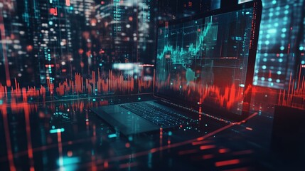 Poster - A laptop displaying financial data analytics in a futuristic urban environment at night