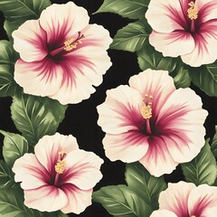 Wall Mural - Pink Hibiscus Flowers on a Black Background