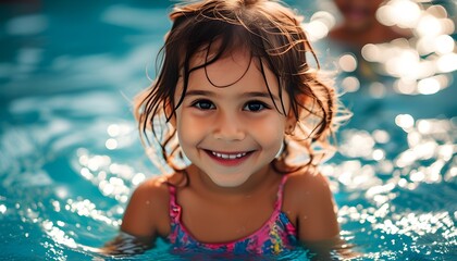 Wall Mural - Joyful little girl enjoying a sunny day in a swimming pool at a vibrant waterpark