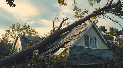 Wall Mural - A fallen tree on a house roof symbolizes the aftermath of a natural disaster, highlighting the need for disaster recovery and emergency response.