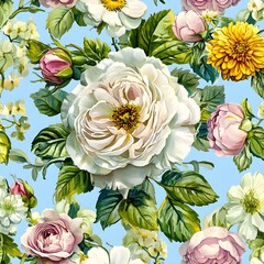 Wall Mural - Watercolor Floral Bouquet with White and Pink Roses