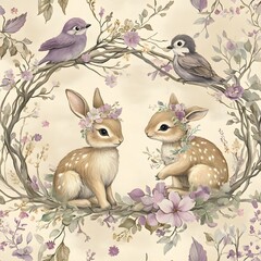 Wall Mural - Cute Deer Couple with Flowers and Birds