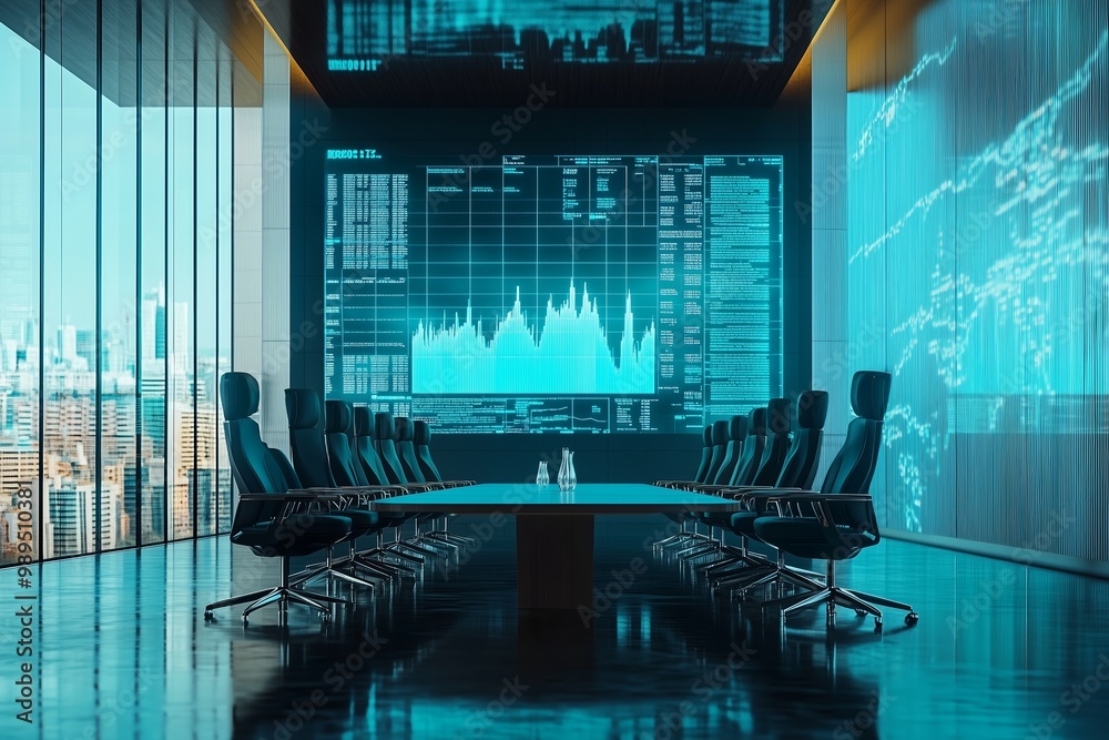 Modern conference room with large digital display showing data trends ...