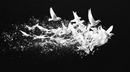 Artistic dispersion effect of white birds on a black background depicting movement and freedom in a splatter style