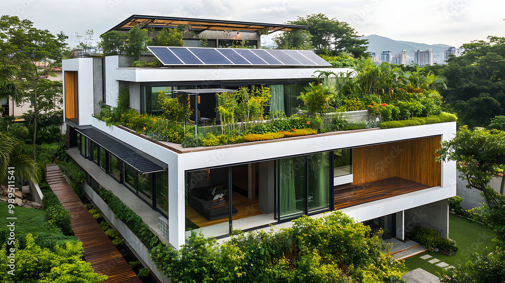 An eco-friendly house with a rooftop garden solar panels and a ...