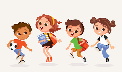 Wall Mural - Set of kids. Children and preschoolers. International students. Happy children with school backpacks and books jumping and playing.