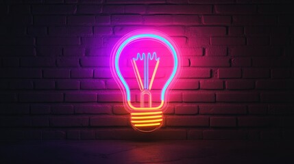 Poster - Colorful neon light bulb icon illuminated against a dark backdrop