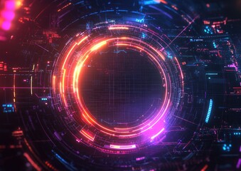 Poster - Global technology network featuring a circular neon light effect in a 2D cartoon style background