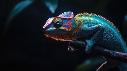 A multicolored chameleon with iridescent skin, perched on a branch, its scales glowing against a deep black background.